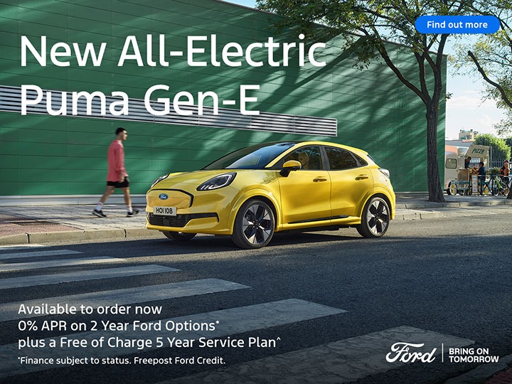 New All-Electric Puma Gen-E is available with 0% APR* on 2 Year Ford Options.